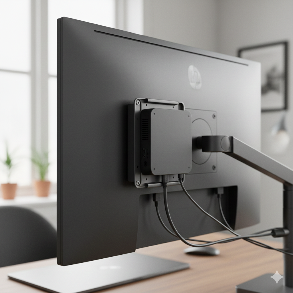 Mini PC attached to monitor back using VESA mount bracket