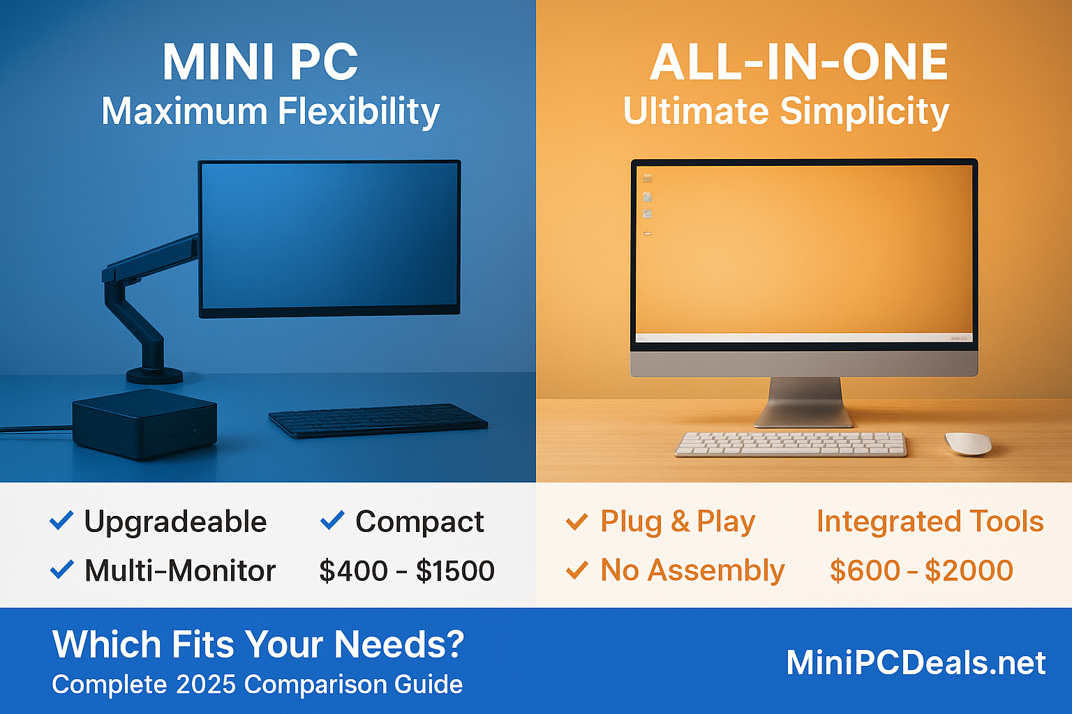 Mini PC and All-in-One Desktop side-by-side comparison showing size and design differences