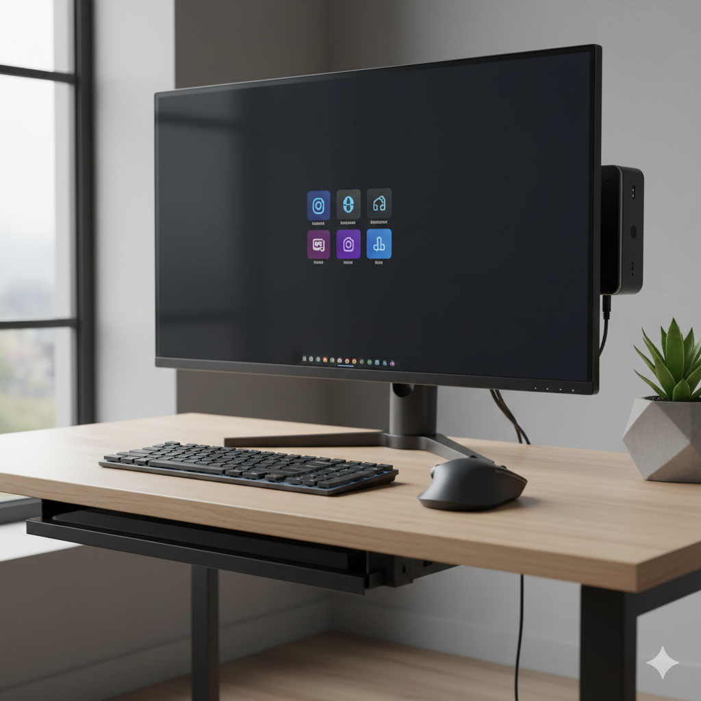 Modern Mini PC VESA mounted behind monitor showing clean desk setup