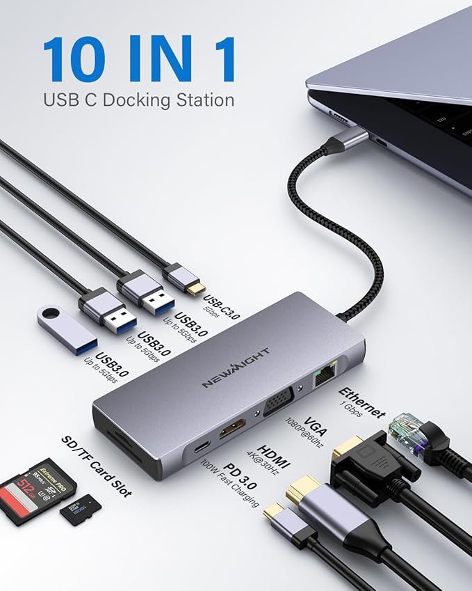 Station d'accueil USB C, Adaptateur multiport Newmight 10 en 1 avec 4K @ 30 Hz, Ethernet 1 Gbit/s, VGA, 3 USB 3.0, USB-C 3.0, Port de Charge PD 100 W, SD/TF