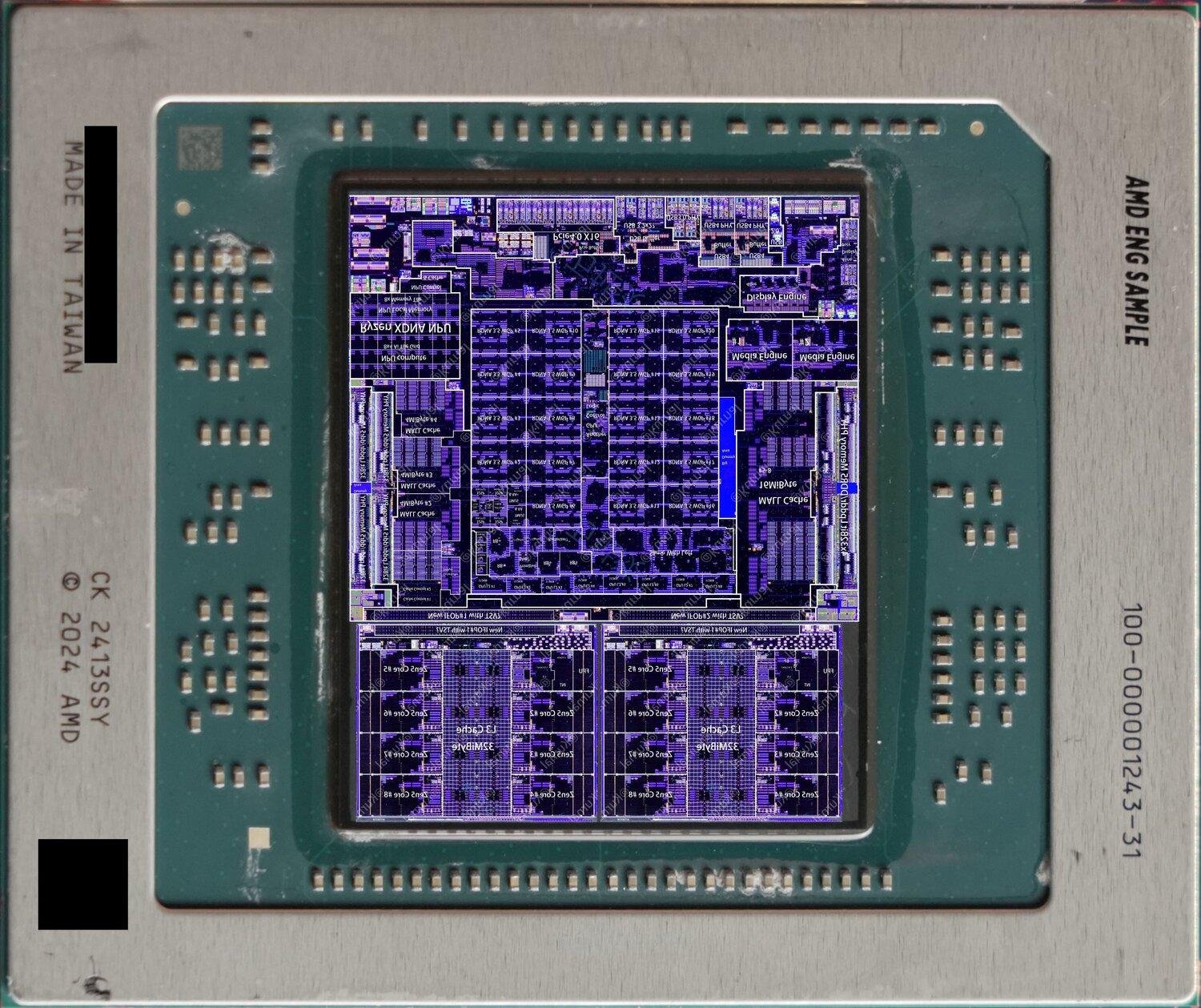 AMD Strix Halo processor architecture showing 16 Zen 5 cores, 40 RDNA 3.5 compute units, and XDNA 2 NPU