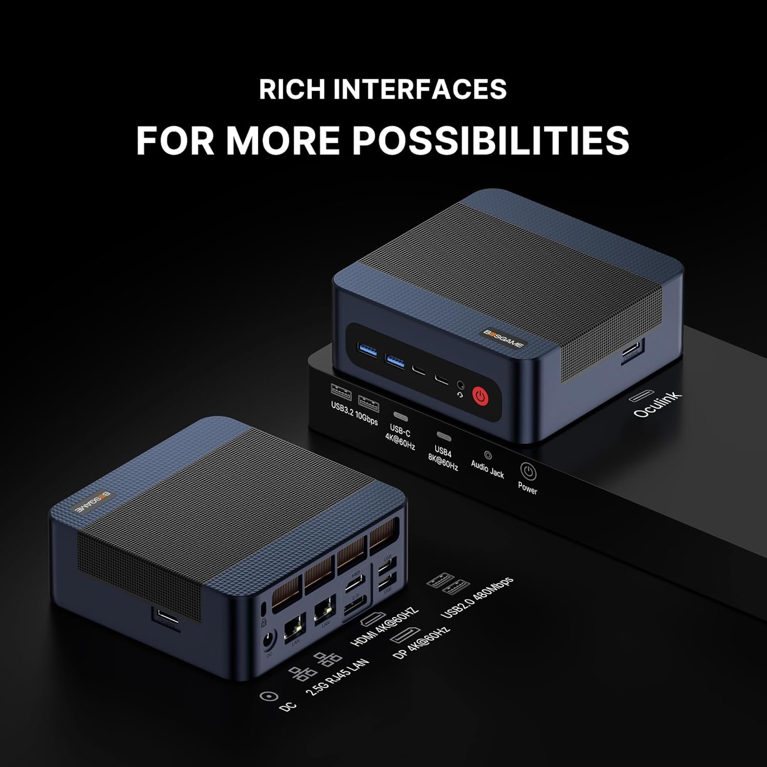 BOSGAME M4 Plus rear ports: OCuLink, USB4, Dual LAN