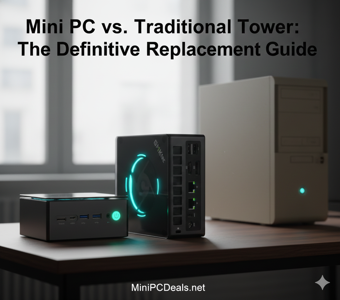 A modern, sleek mini PC next to a traditional, bulky desktop tower case for size comparison