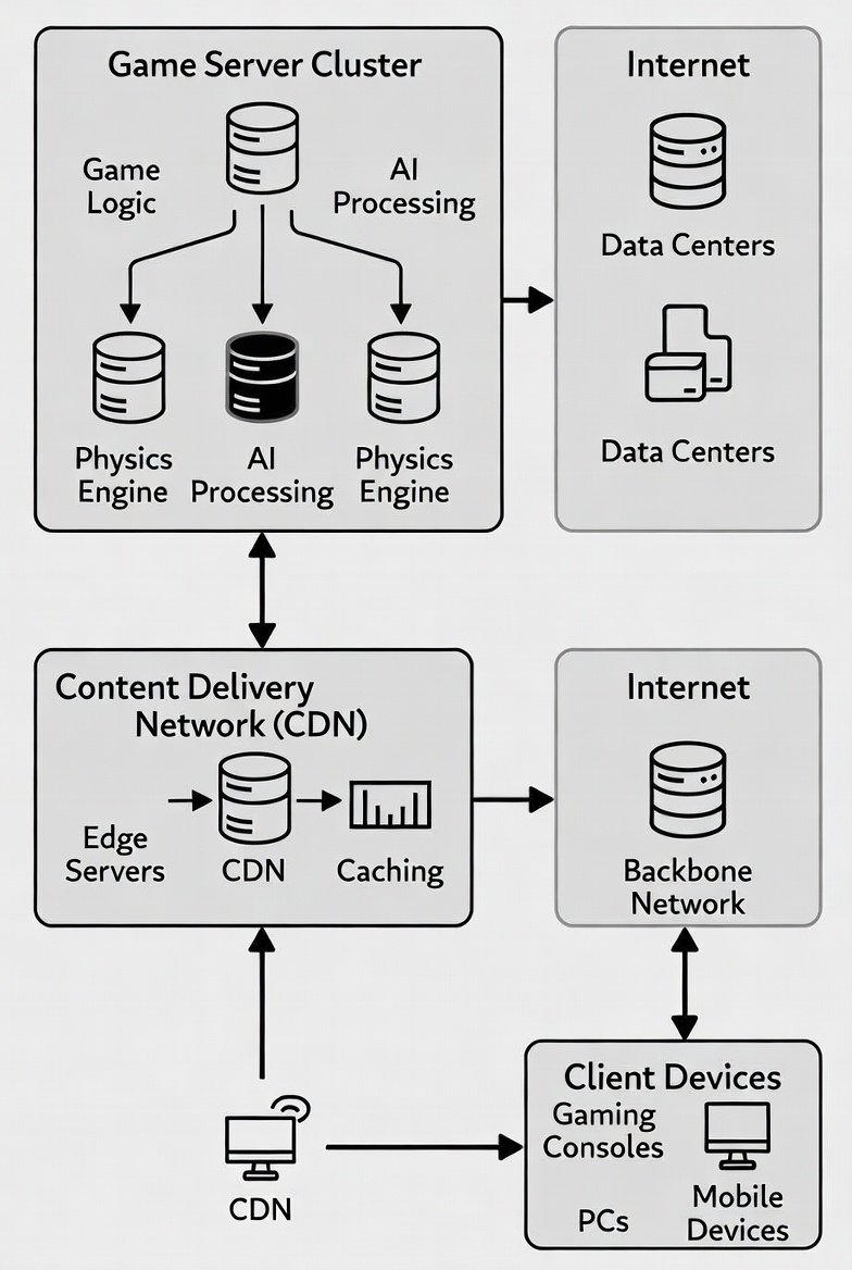 Diagram of cloud gaming infrastructure with servers, internet, and client devices