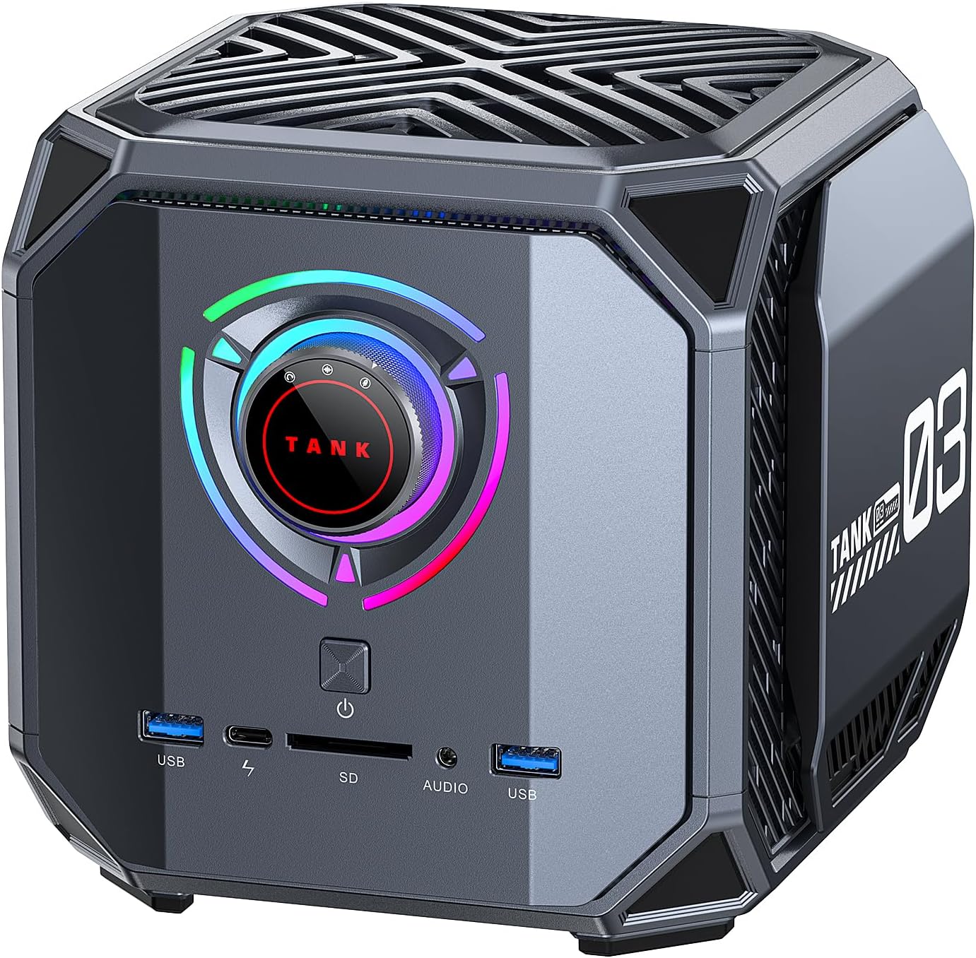 ACEMAGIC M1A PRO mini PC with Intel ARC A770 discrete GPU — front and rear view