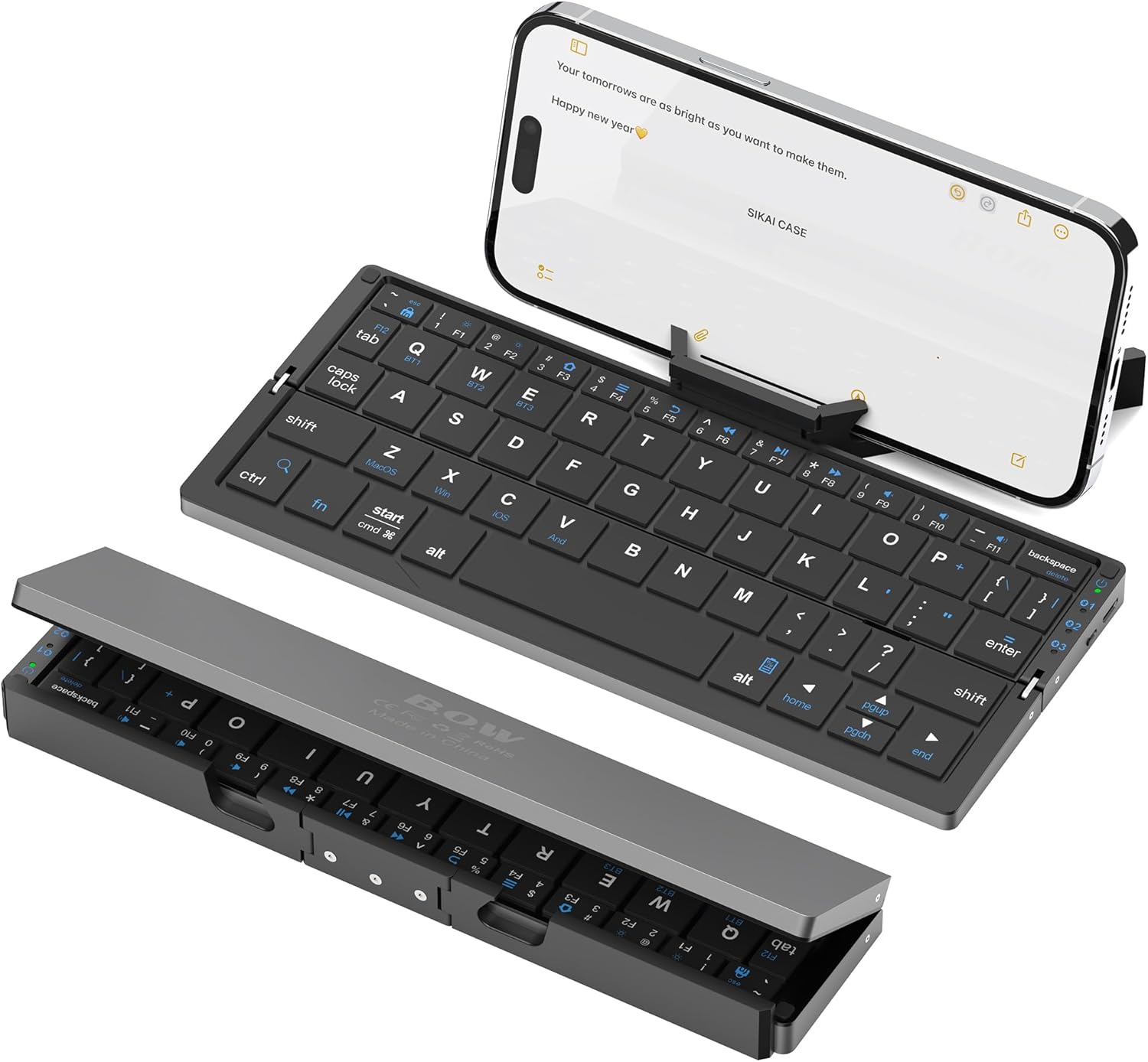 SIKAI CASE foldable Bluetooth keyboard unfolded on a desk with tablet stand visible, black aluminum alloy