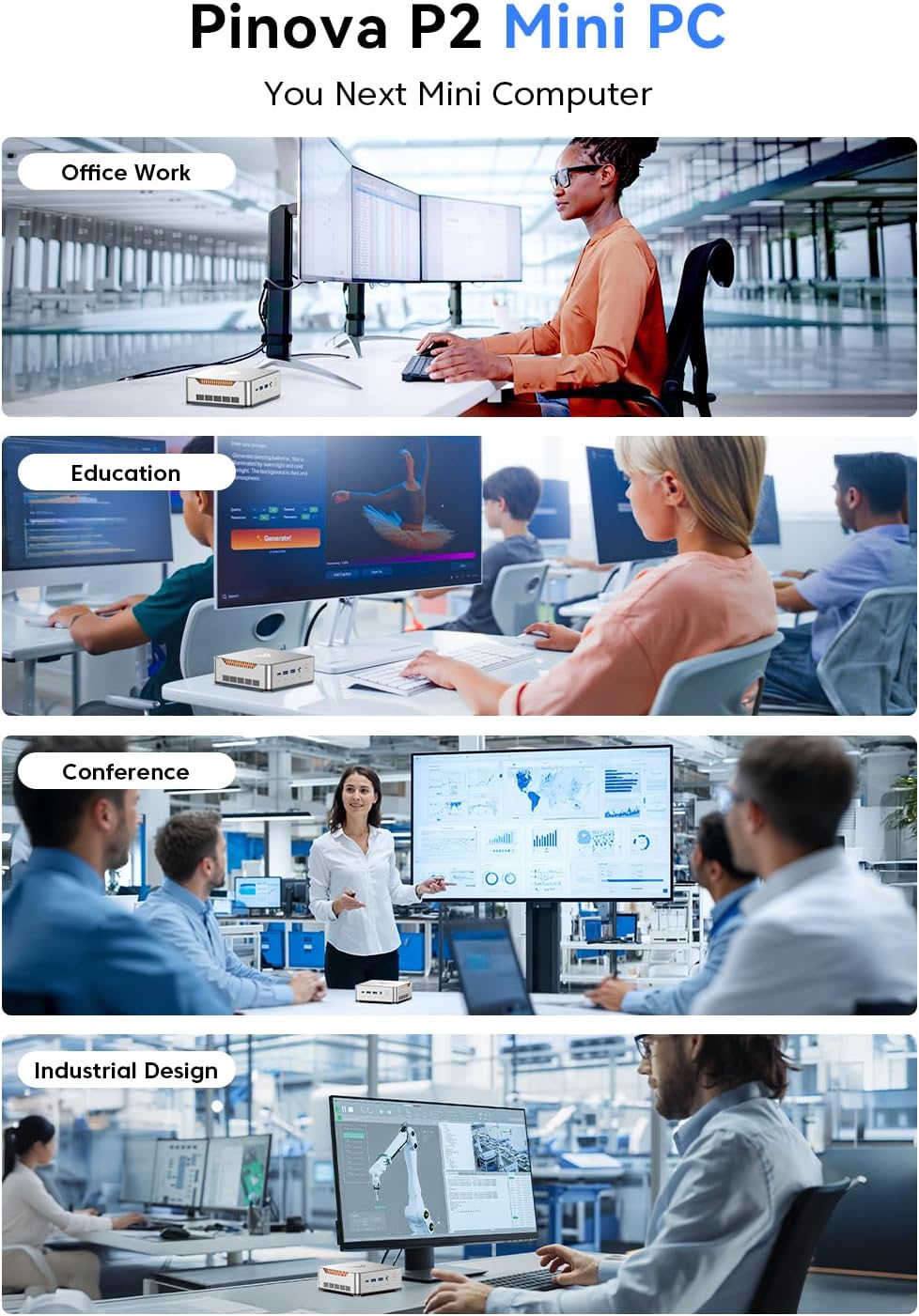 KAMRUI Pinova P2 in home office setup — triple monitor productivity