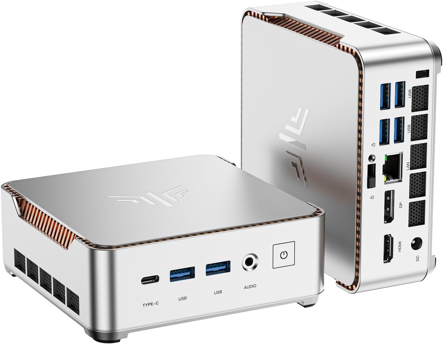 KAMRUI Pinova P2 mini PC — compact silver chassis, triple 4K display support