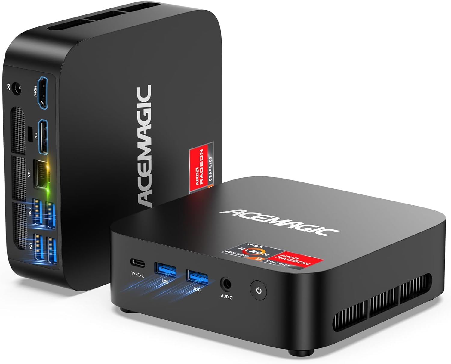 ACEMAGIC K1 mini PC — black compact chassis, AMD Ryzen 4300U, triple 4K display support