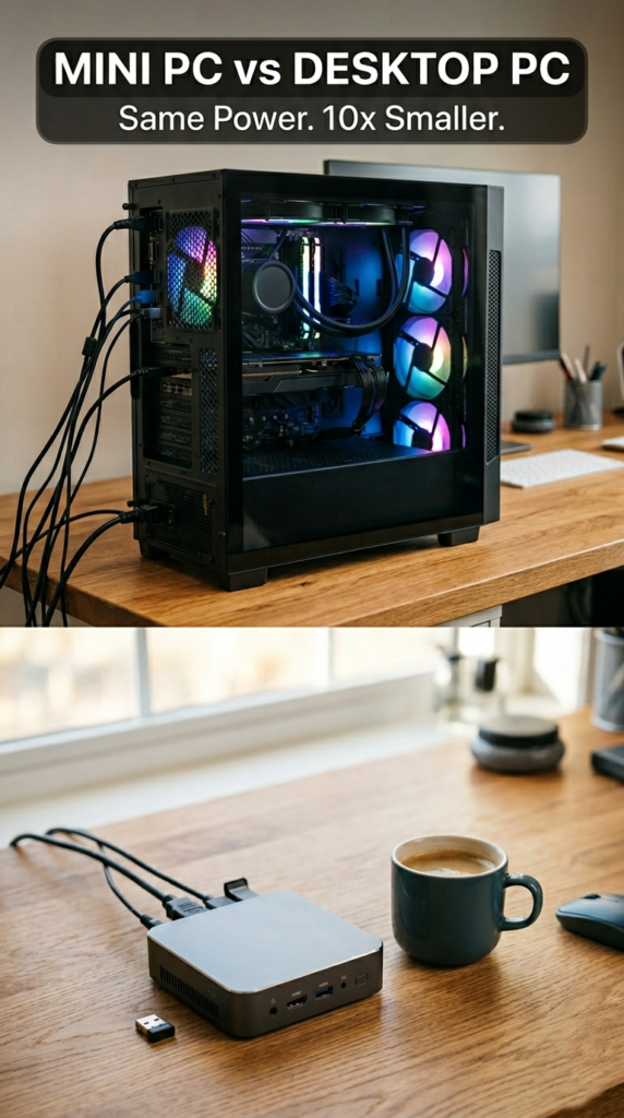 Mini PC vs desktop PC size comparison — compact mini PC next to a full tower desktop PC on a home office desk, 2026