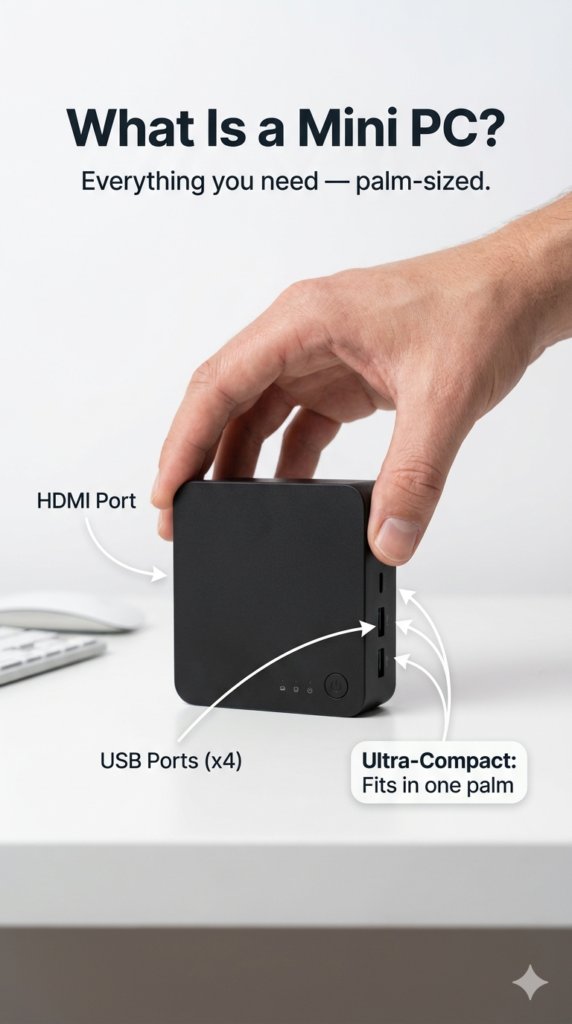 What is a mini PC — a compact palm-sized mini PC held in one hand next to a full desktop monitor, 2026
