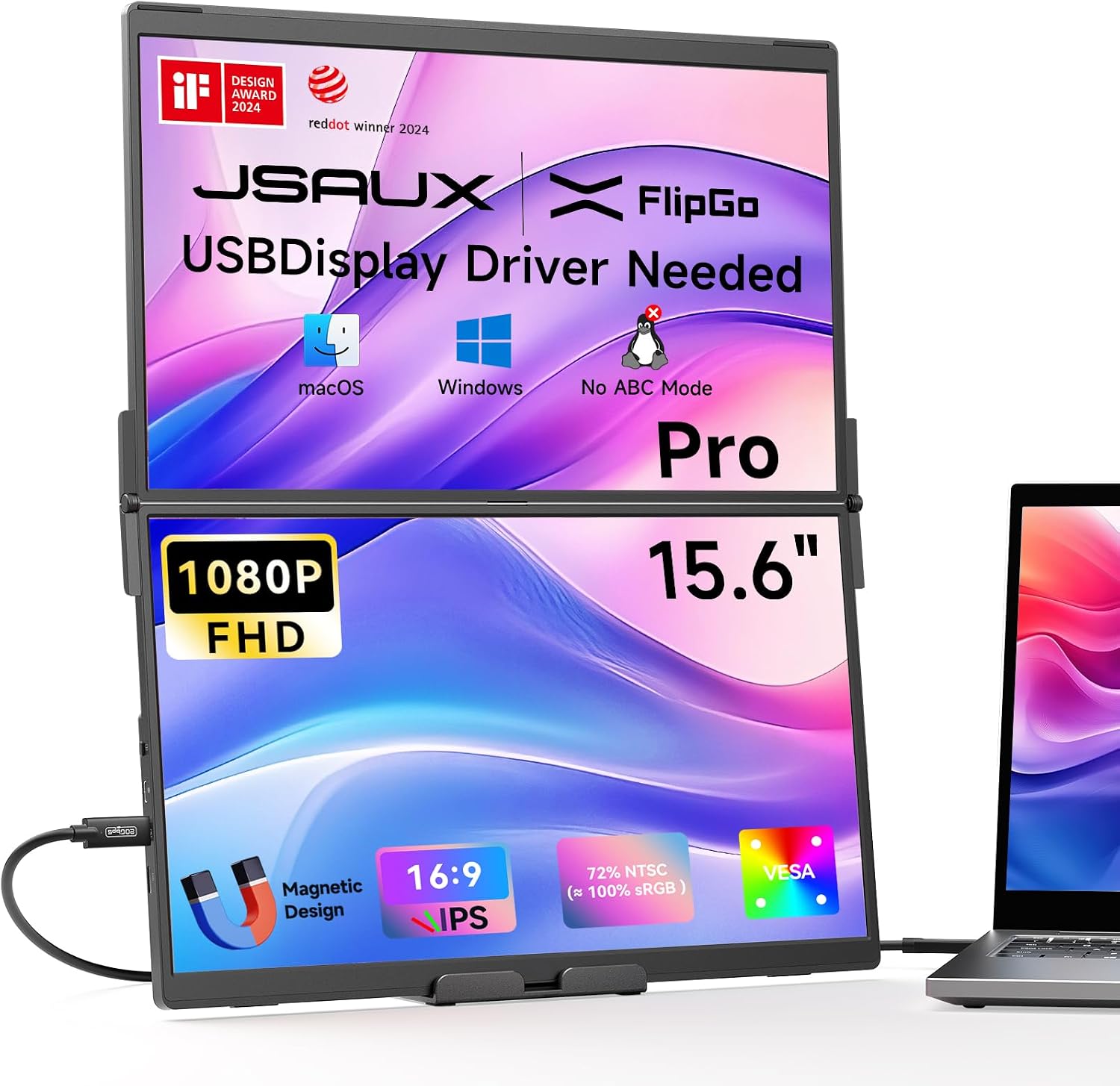 JSAUX FlipGo Horizon connectivity — USB-C ports, magnetic attachment system, foldable Snap Stand