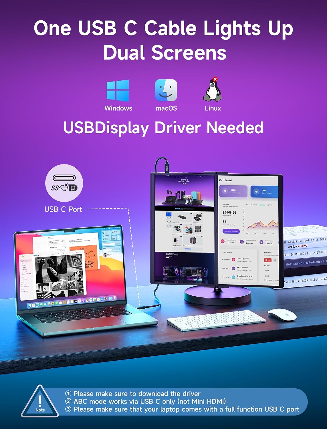 Portable expandable monitor — dual-screen setup with two panels attached to a laptop, foldable design