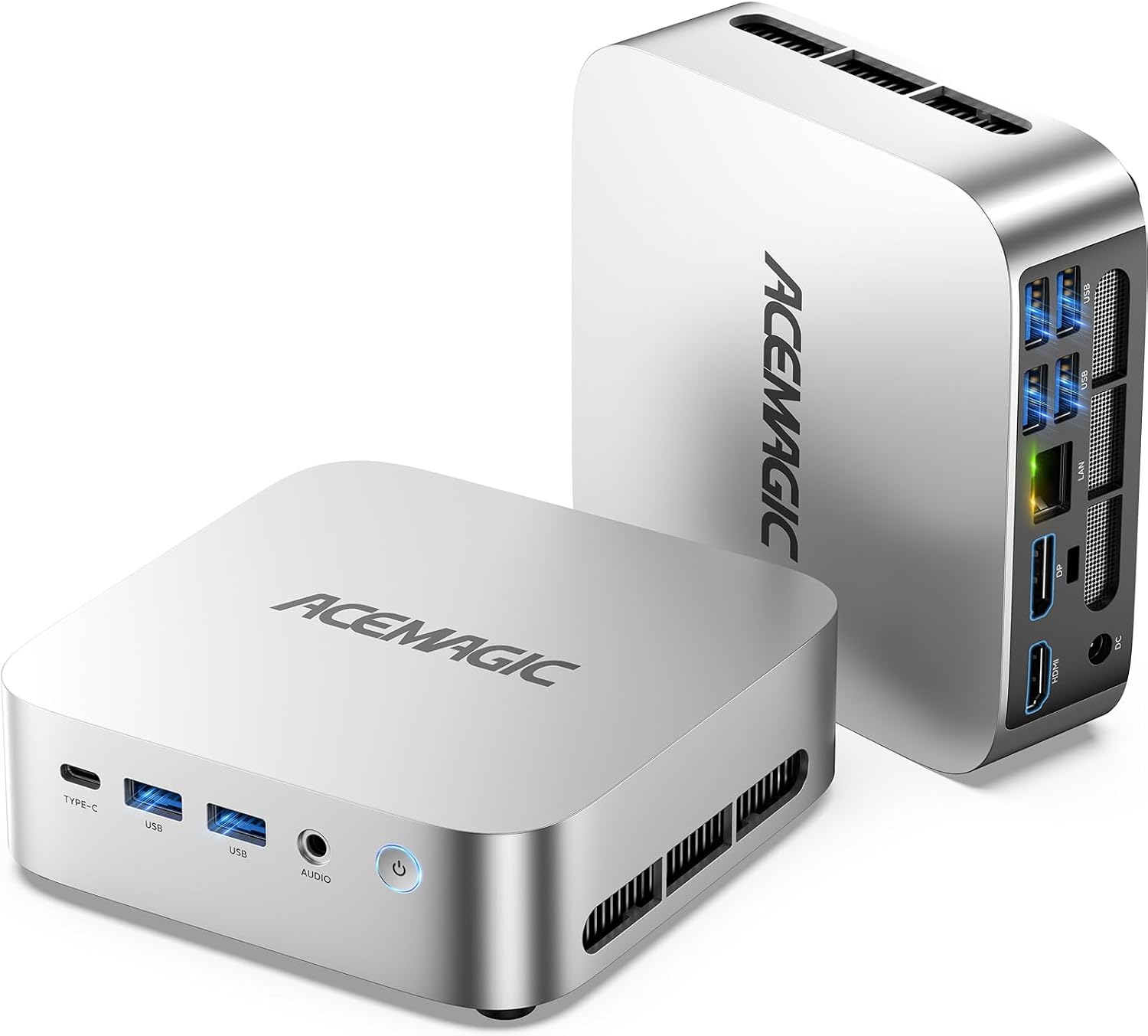 ACEMAGIC M1 mini PC — AMD Ryzen 7 7735HS, Radeon 680M, triple 4K display, compact silver chassis