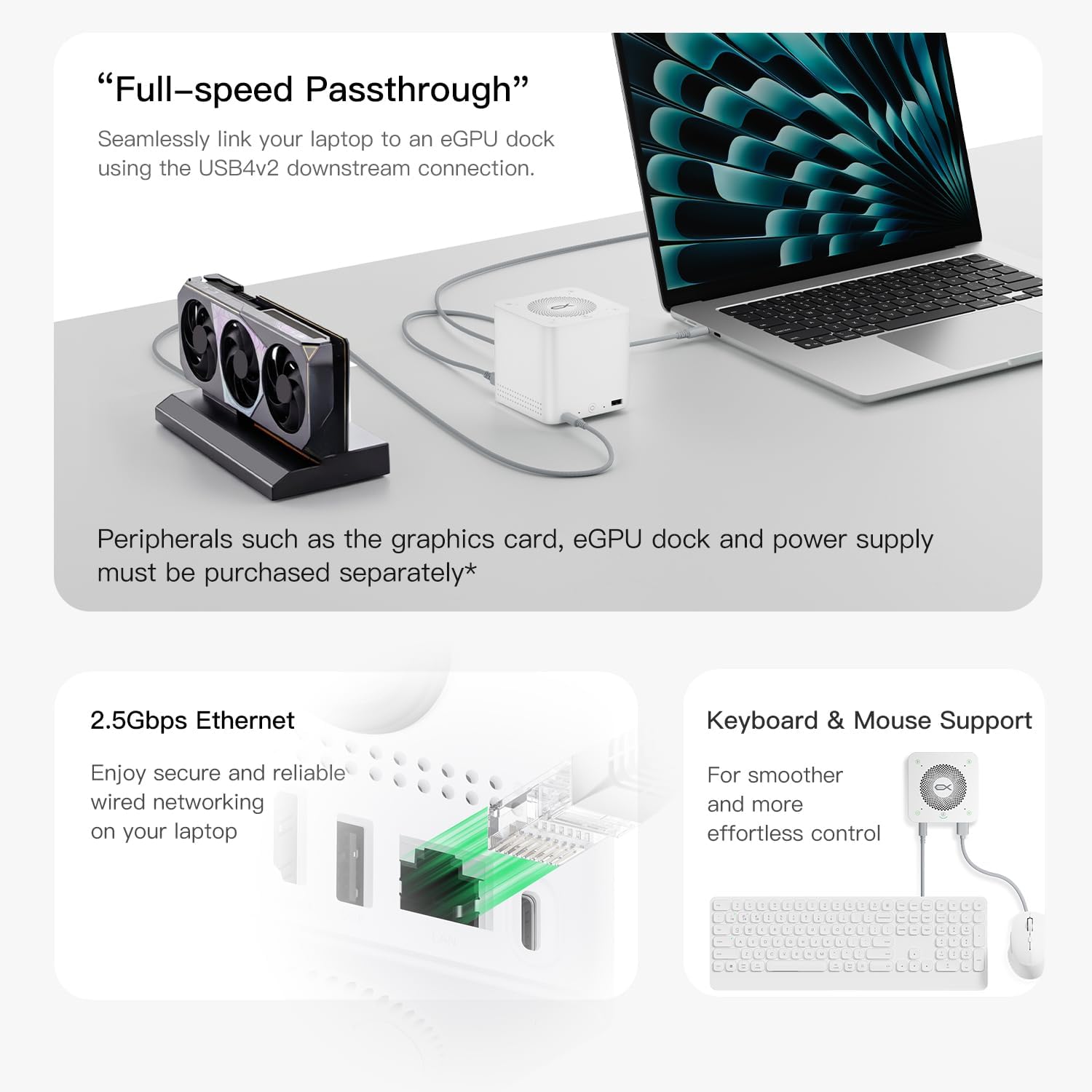 Beelink EX Mate Pro feature overview showing USB4 v2 80 Gbps, 96W charging, four M.2 slots and 2.5GbE