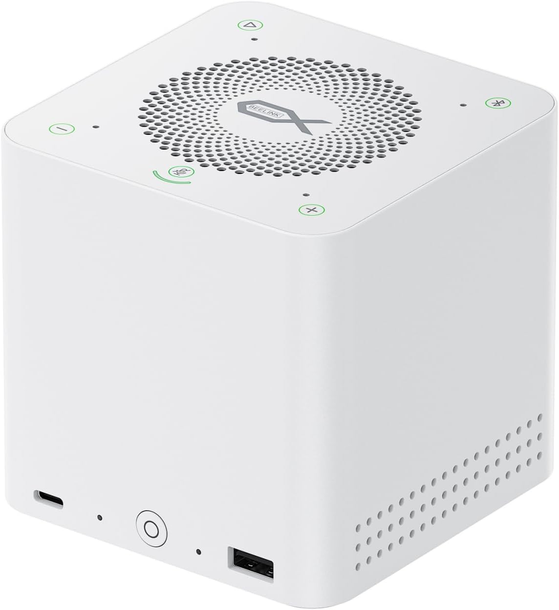 Beelink EX Mate Pro white cube dock with top speaker grille, touch controls and front USB4 port