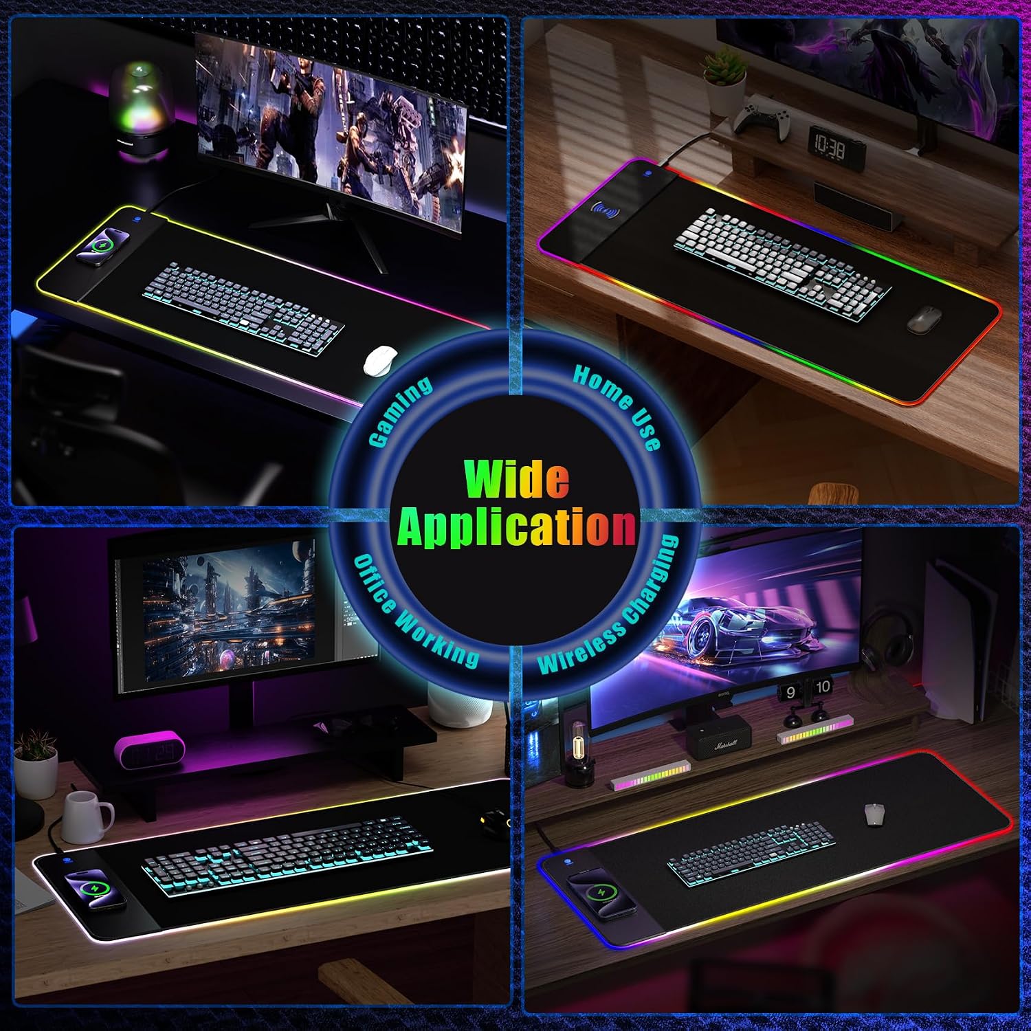 YGISS RGB mouse pad lighting modes detail — RGB edge glow and wireless charging area
