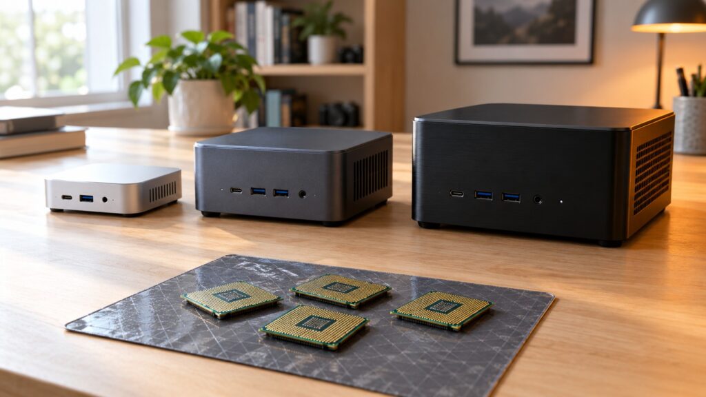 Three unbranded mini PCs of different sizes on a desk next to loose processor chips