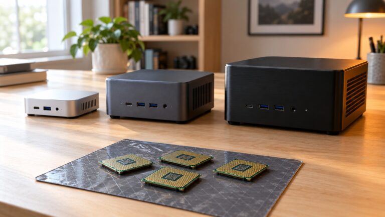 Three unbranded mini PCs of different sizes on a desk next to loose processor chips