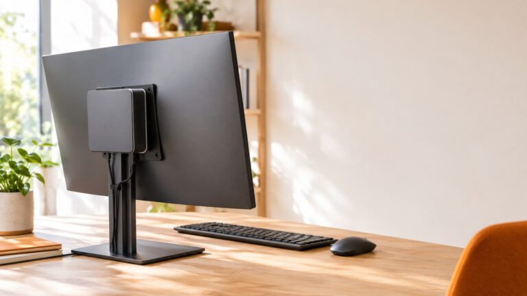 Mini PC mounted behind a monitor on a home office desk