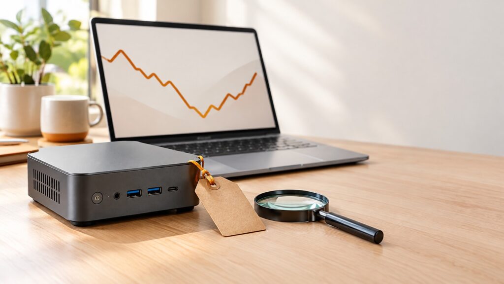 Laptop showing a price history chart next to a mini PC with a sale tag