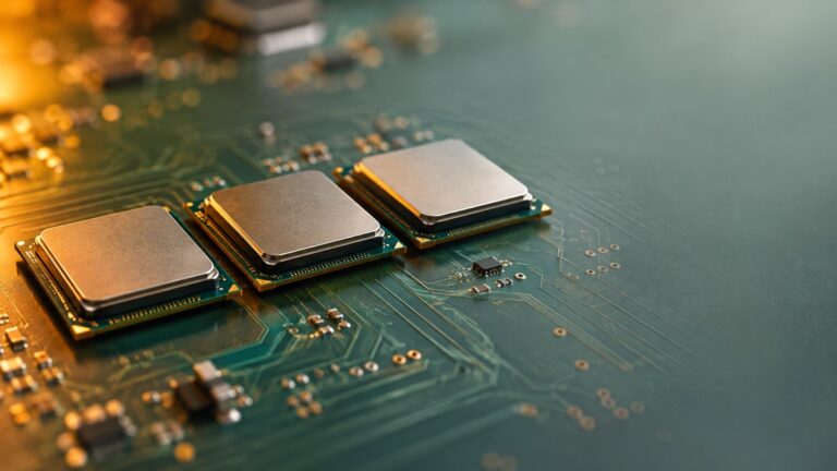 Three small processor chips side by side on a circuit board