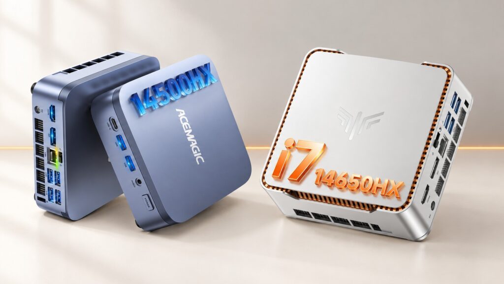 KAMRUI Hyper H2 and ACEMAGIC M5 mini PCs side by side, manufacturer photos