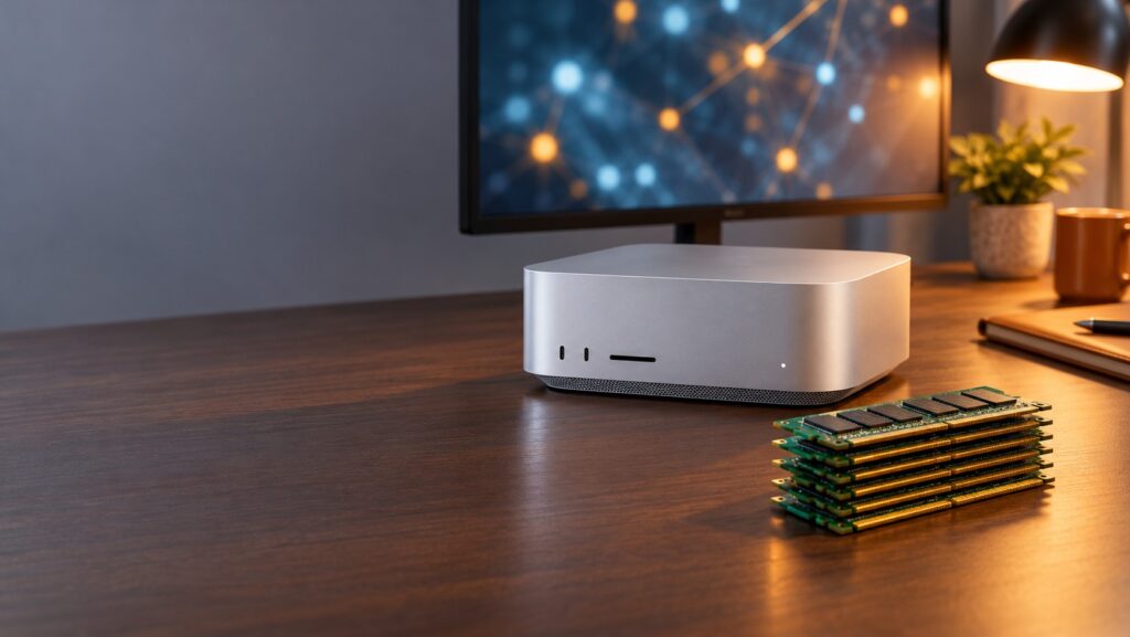 Compact aluminum desktop computer on a studio desk beside a large monitor and stacked memory modules