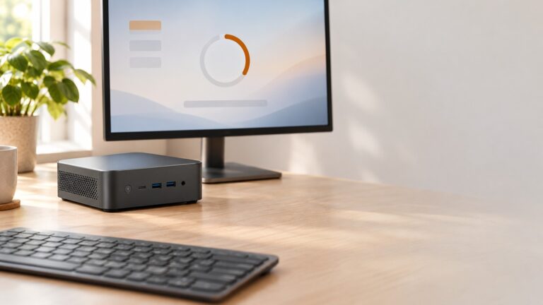 Unbranded mini PC on a desk next to a monitor showing a software update progress screen